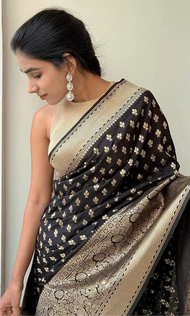 Amazing Black Soft Silk Saree With Elegant Blouse Piece