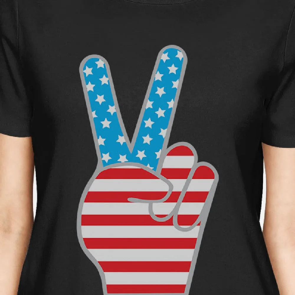 American Flag Womens Black Graphic T-Shirt Unique Peace Sign Design