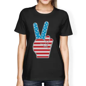 American Flag Womens Black Graphic T-Shirt Unique Peace Sign Design