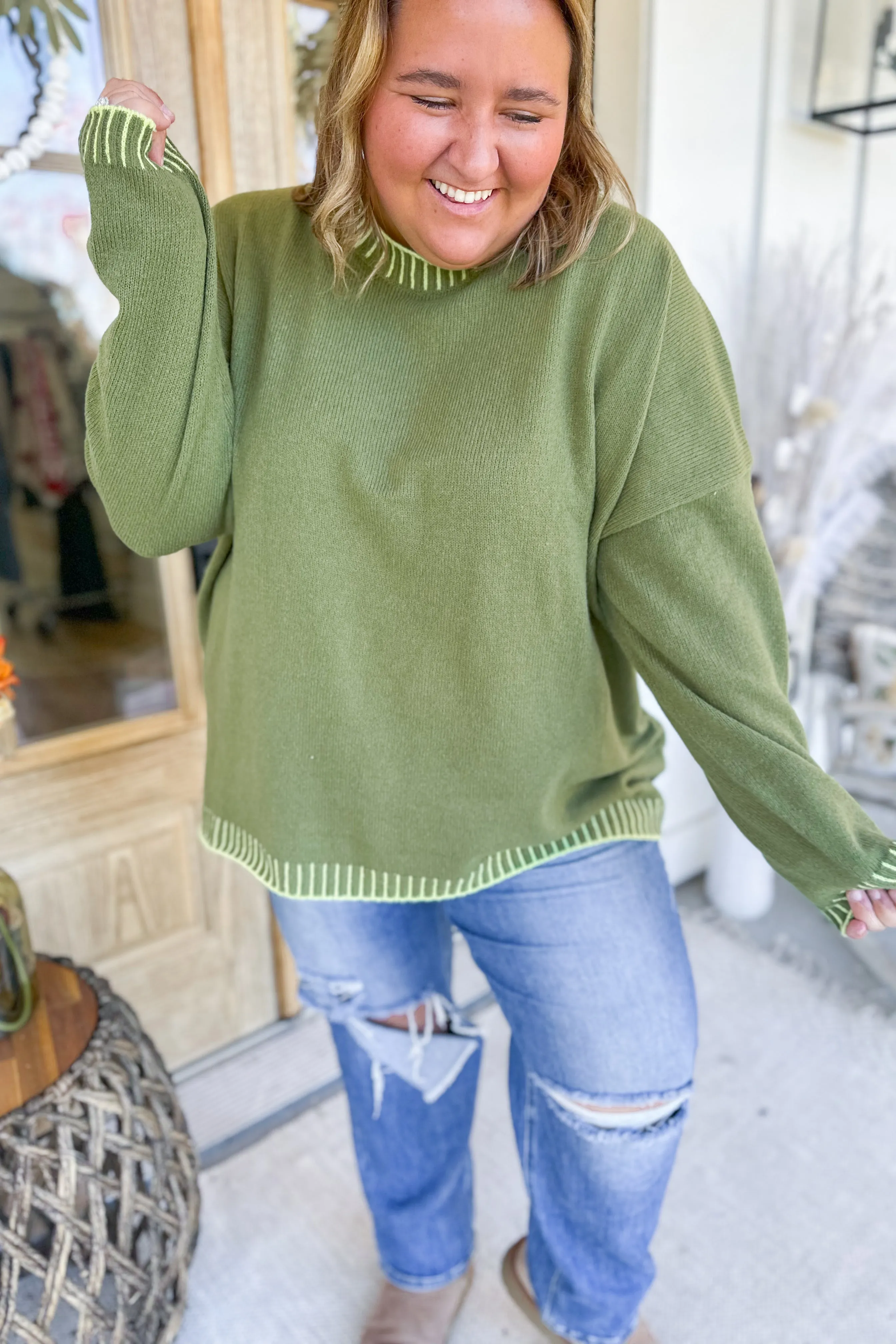 Annie Ribbed Contrast Relaxed Fit Long Sleeve Sweater