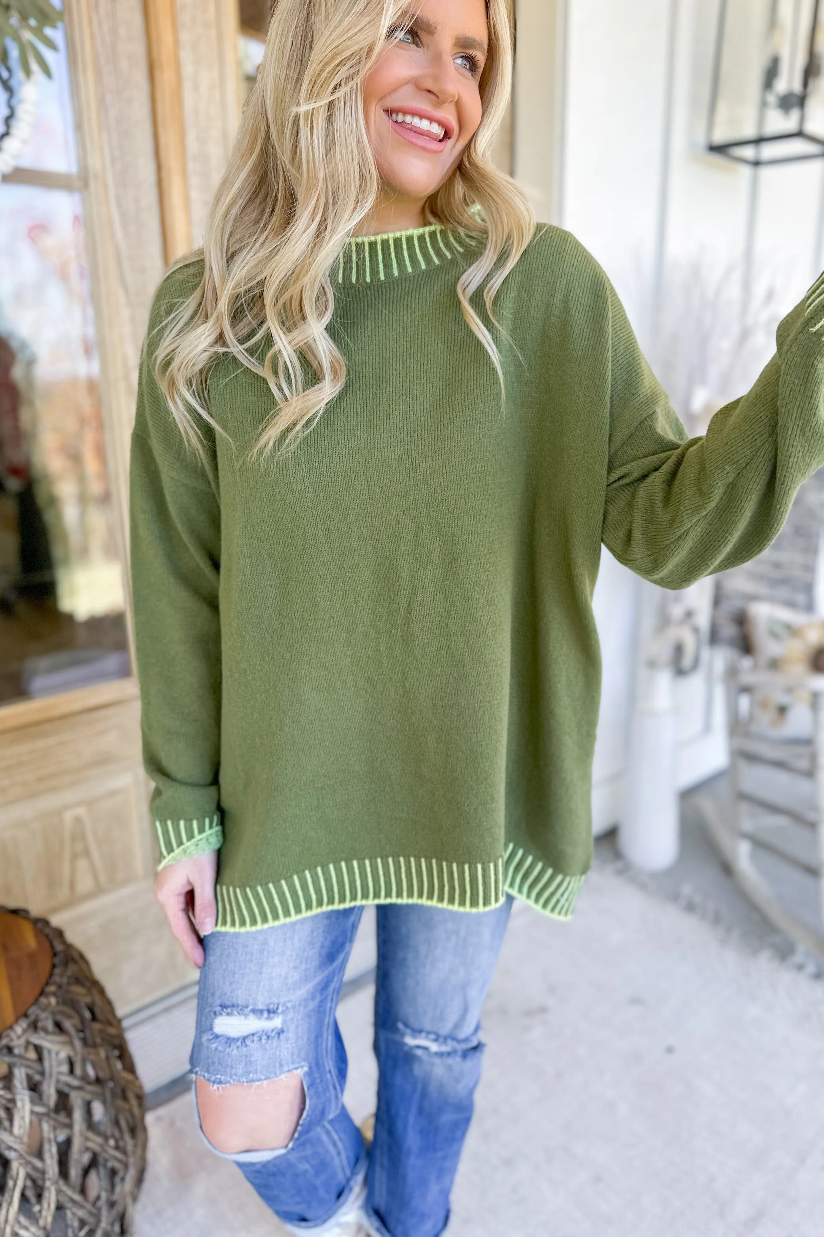 Annie Ribbed Contrast Relaxed Fit Long Sleeve Sweater