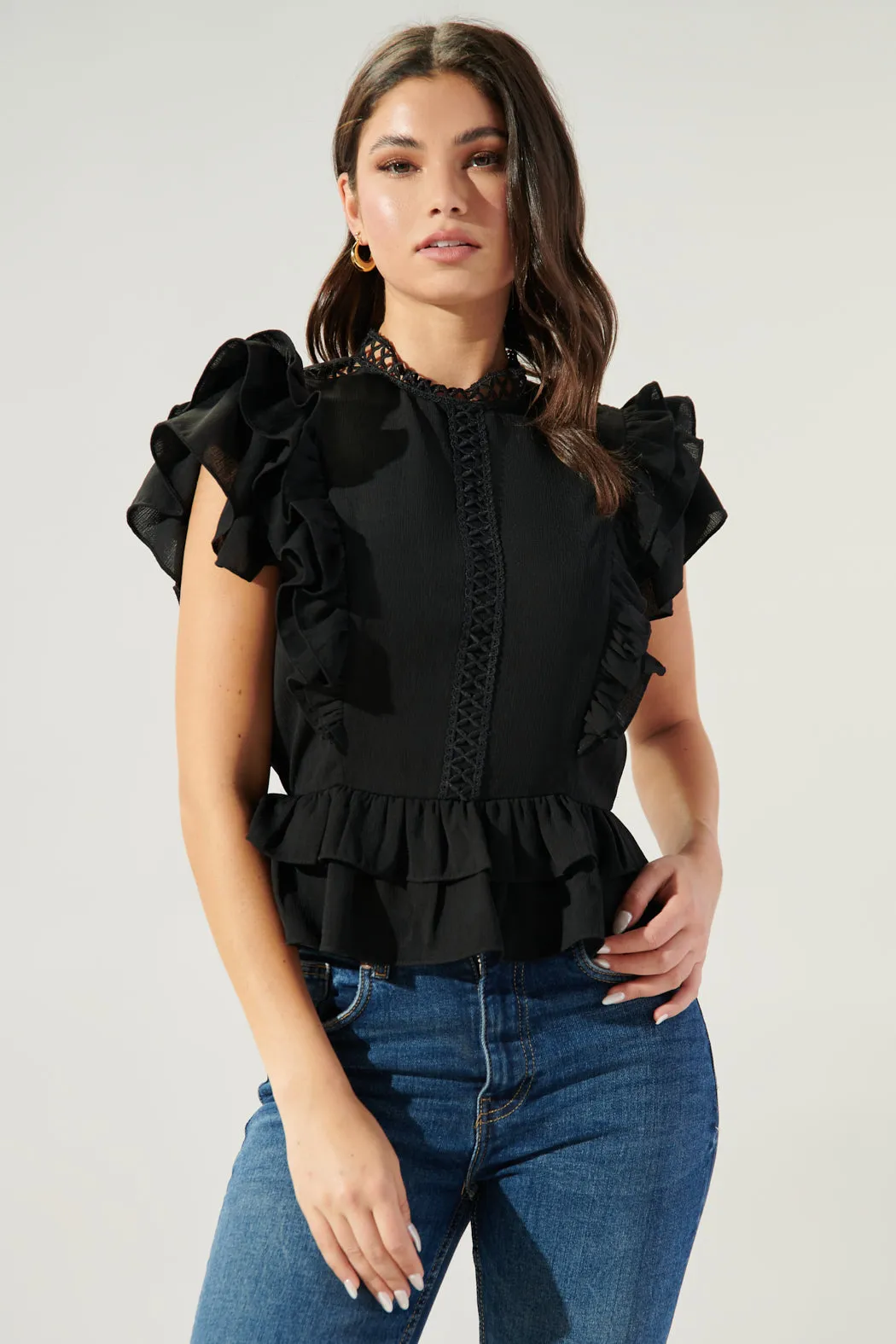 Aubrie Mock Neck Ruffle Peplum Blouse