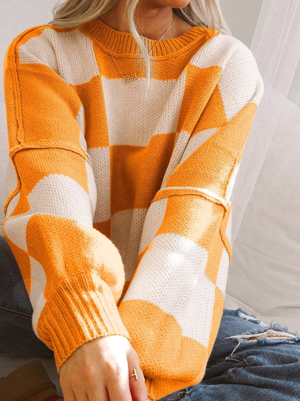 Autumnal Plaid Bishop Sleeve Sweater