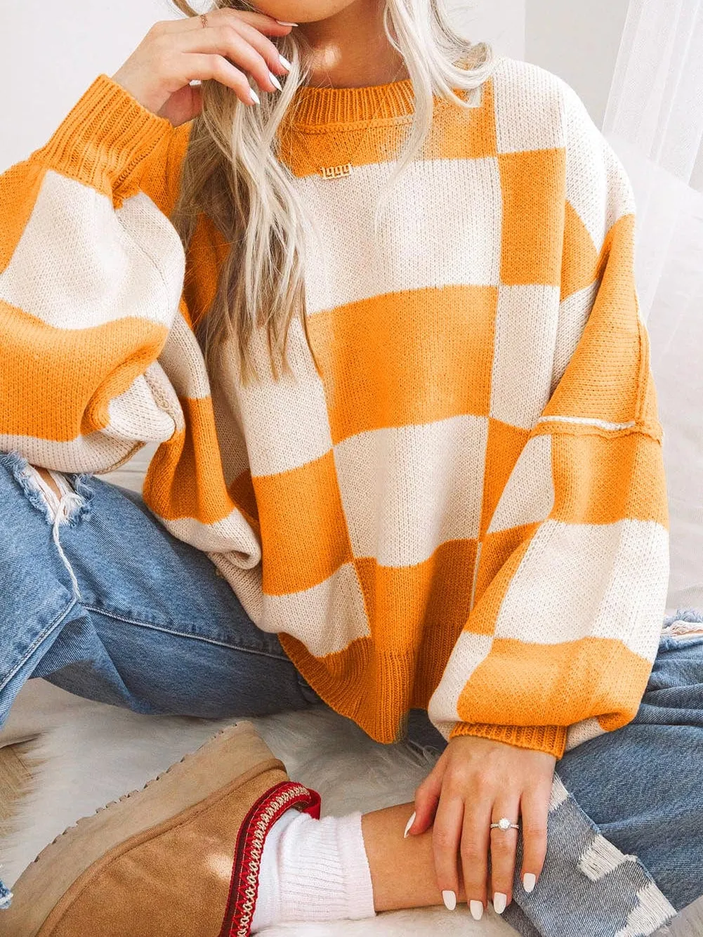 Autumnal Plaid Bishop Sleeve Sweater