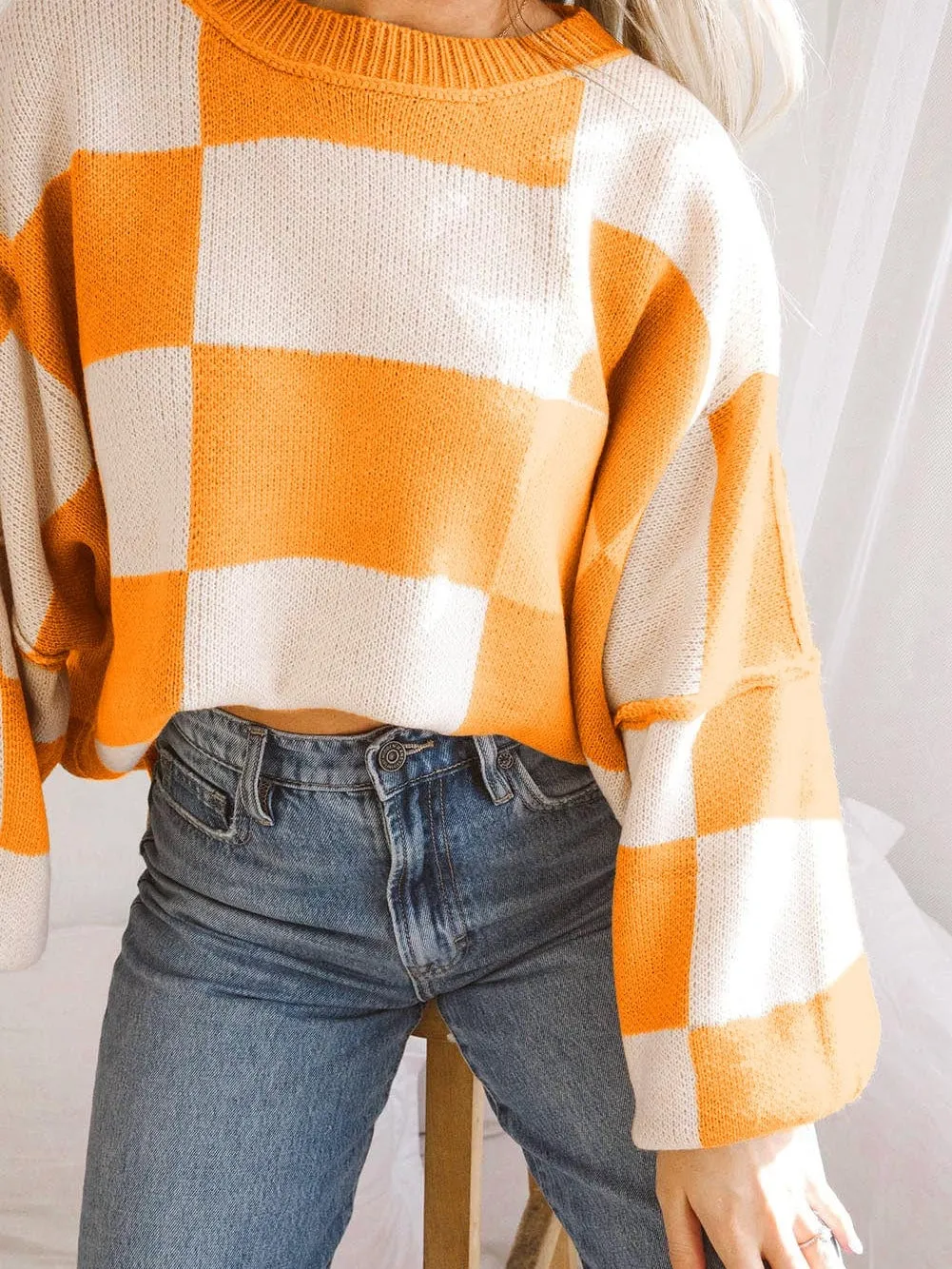 Autumnal Plaid Bishop Sleeve Sweater