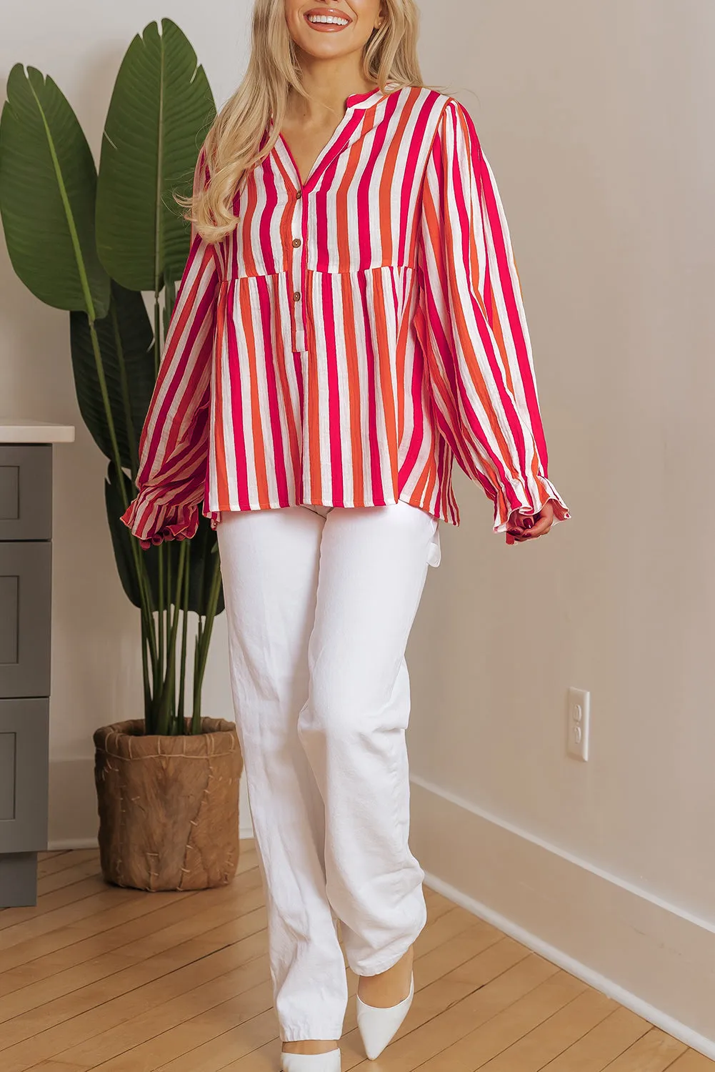 Balloon Sleeve Notched V Neck Blouse