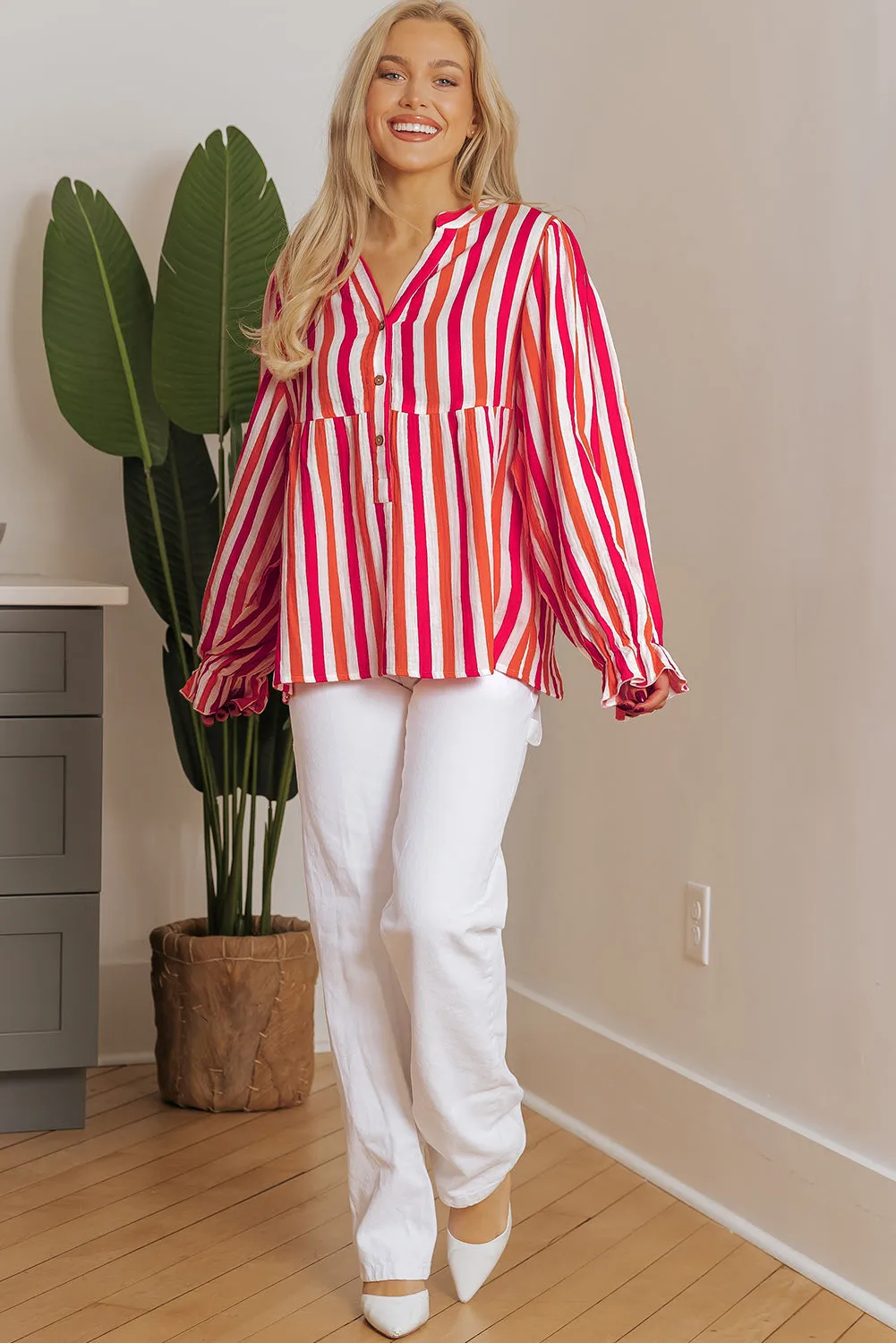 Balloon Sleeve Notched V Neck Blouse