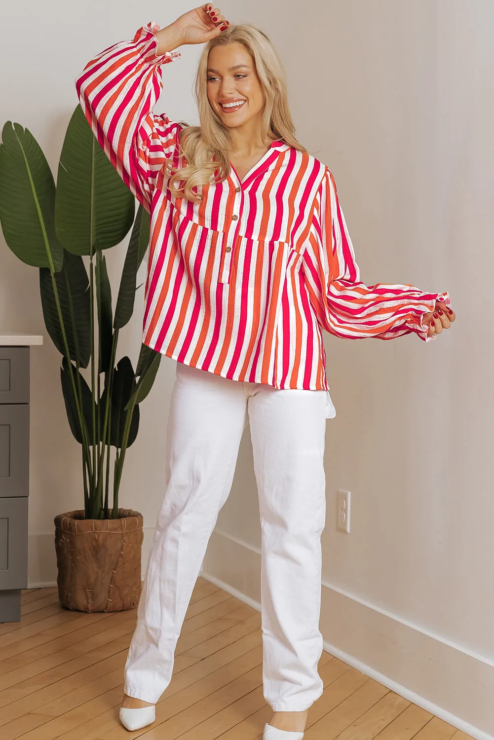 Balloon Sleeve Notched V Neck Blouse