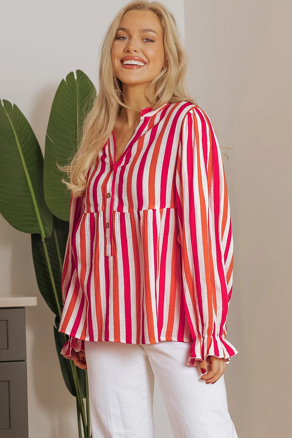 Balloon Sleeve Notched V Neck Blouse