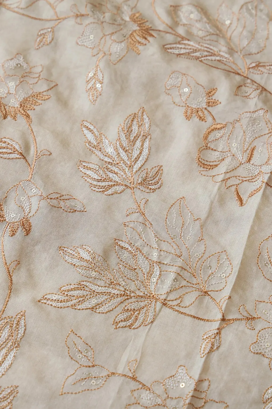 Beige Thread With Gold Sequins Leafy Embroidery On Cream Pure Bamboo Silk Fabric