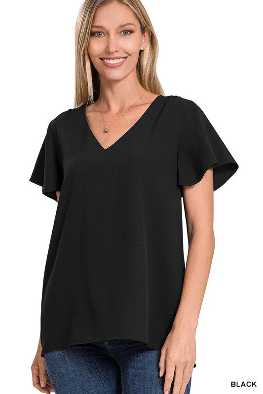 BF Woven Flutter Sleeve V-Neck Top