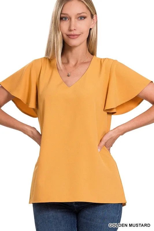 BF Woven Flutter Sleeve V-Neck Top