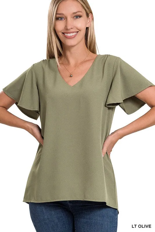 BF Woven Flutter Sleeve V-Neck Top