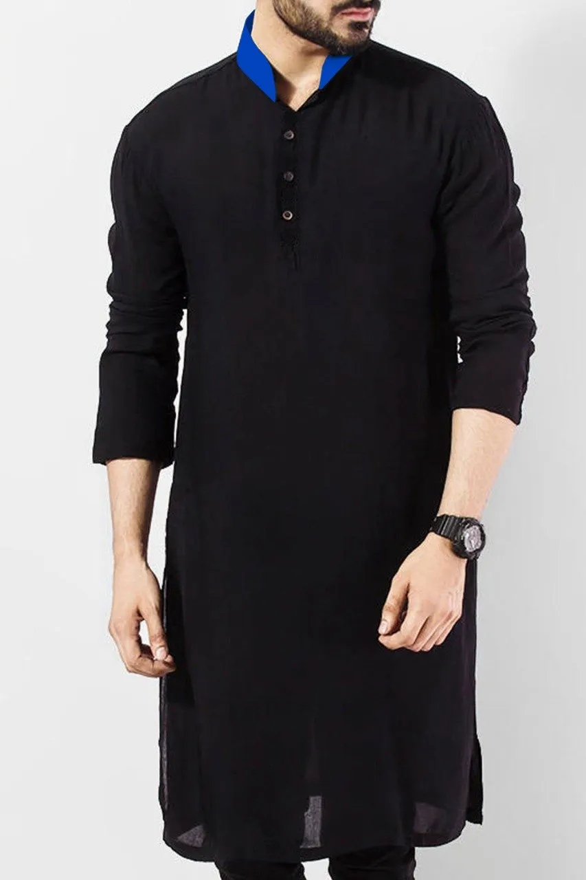 Black Kurta with Blue Collar Detail