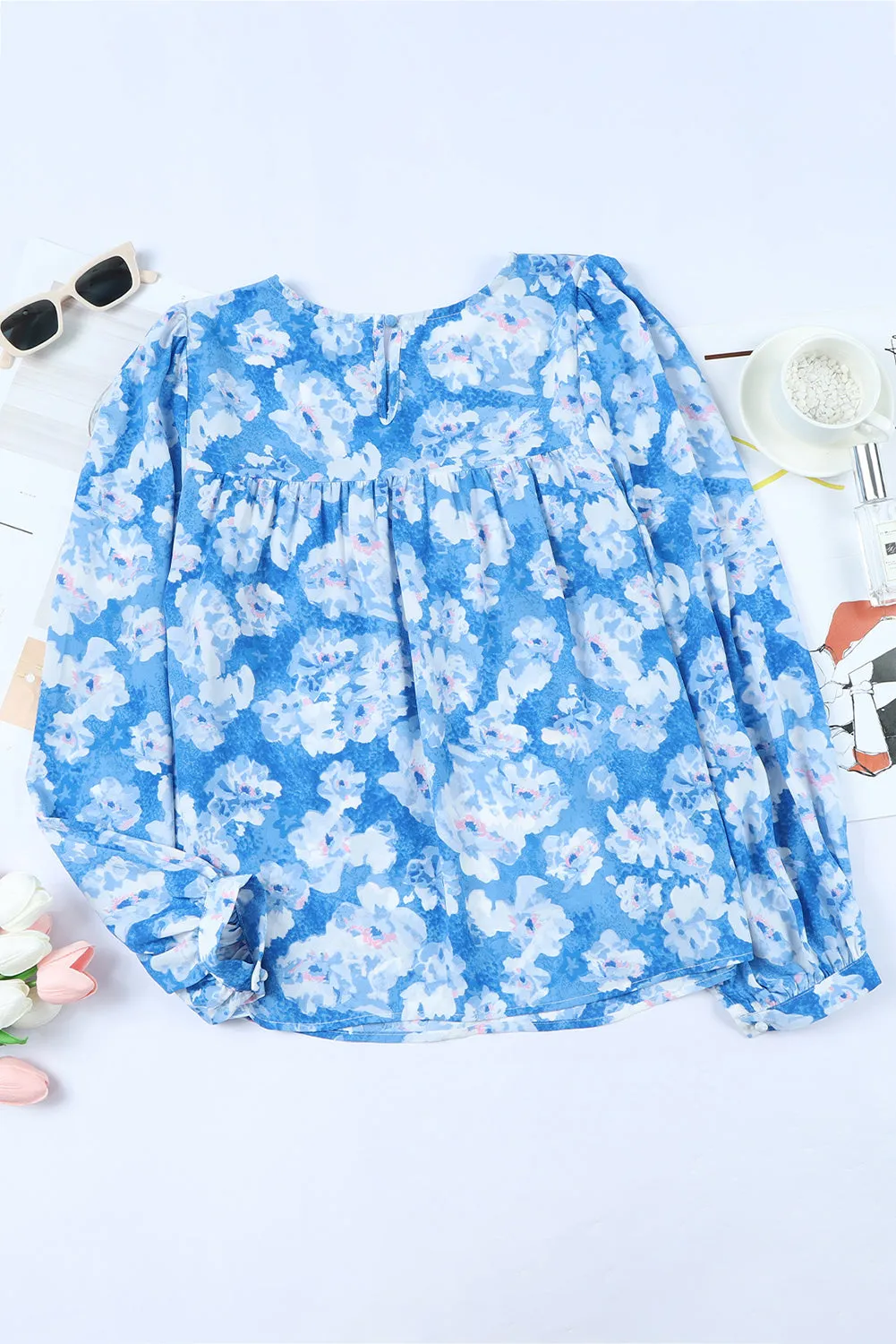 Blue Floral Print Puffy Sleeve Babydoll Blouse