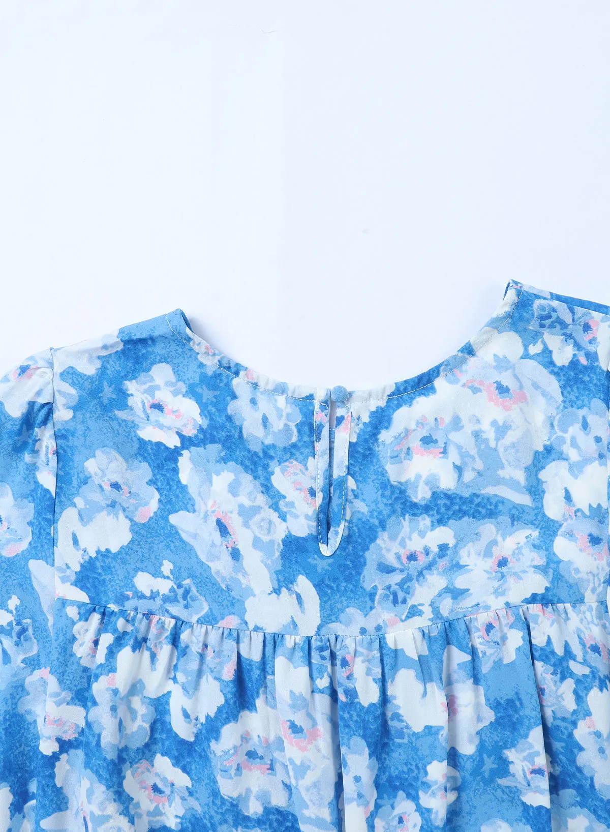 Blue Floral Print Puffy Sleeve Babydoll Blouse