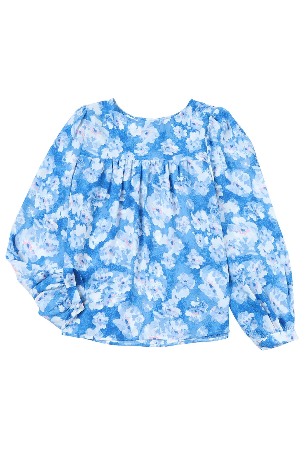 Blue Floral Print Puffy Sleeve Babydoll Blouse