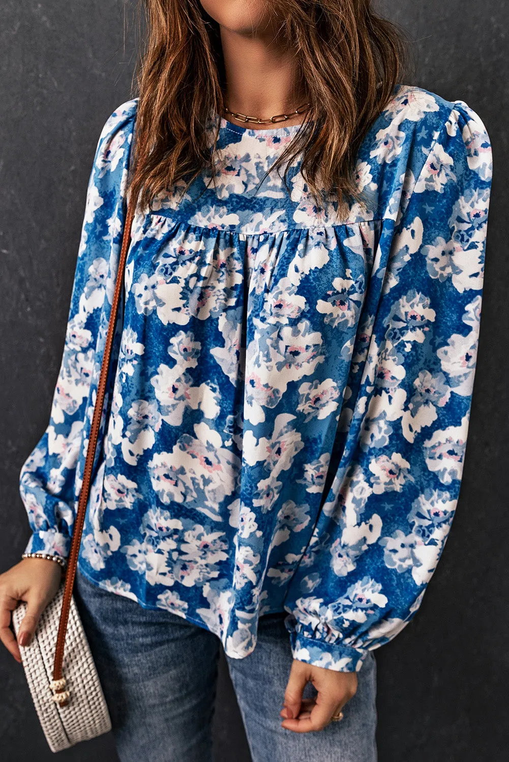 Blue Floral Print Puffy Sleeve Babydoll Blouse