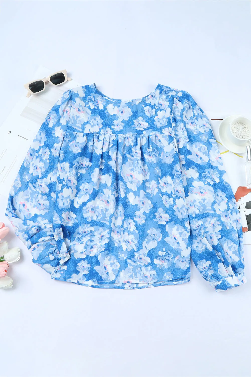 Blue Floral Print Puffy Sleeve Babydoll Blouse