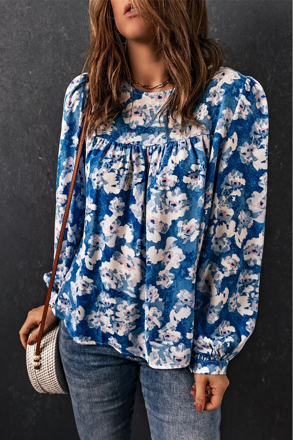 Blue Floral Print Puffy Sleeve Babydoll Blouse