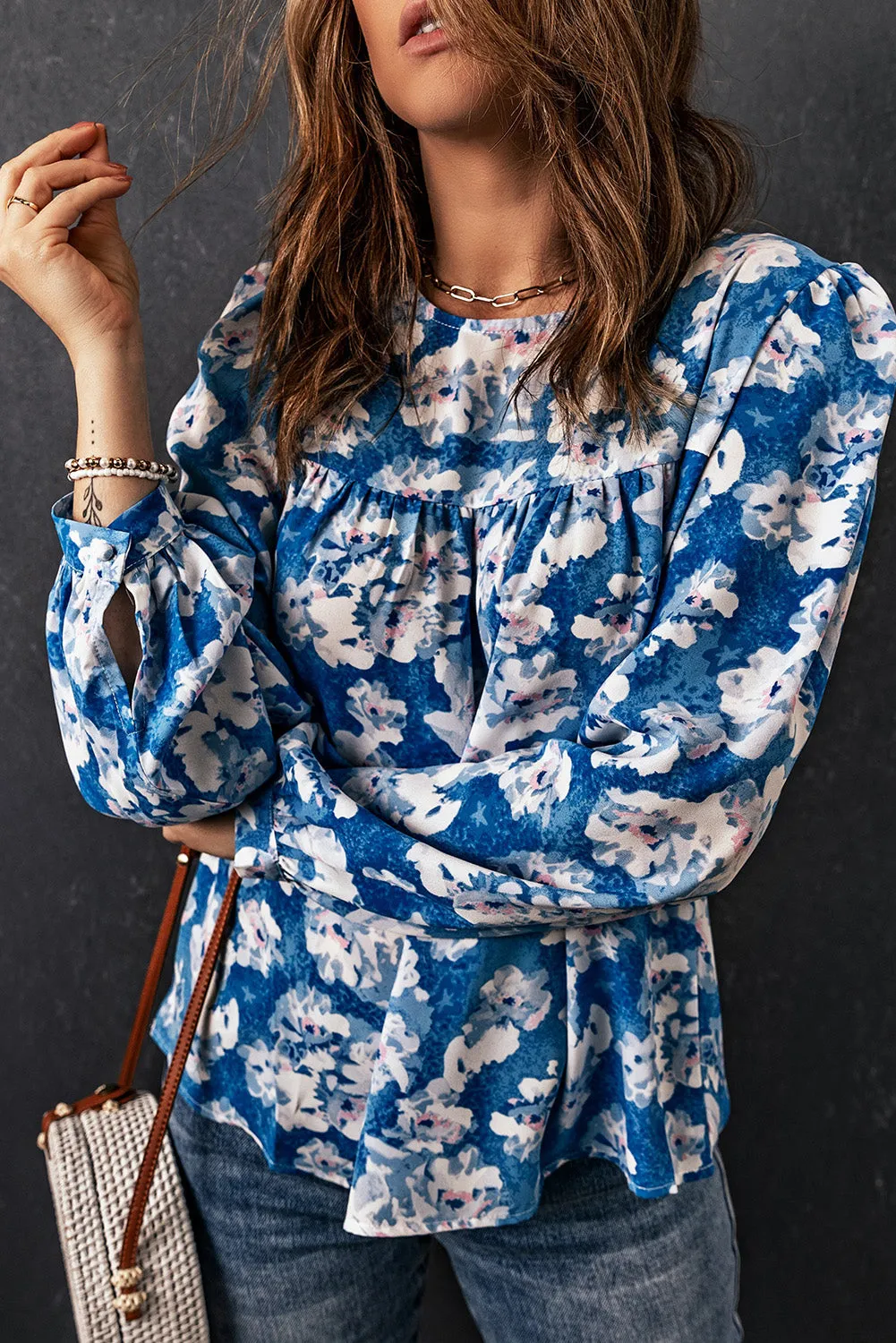 Blue Floral Print Puffy Sleeve Babydoll Blouse