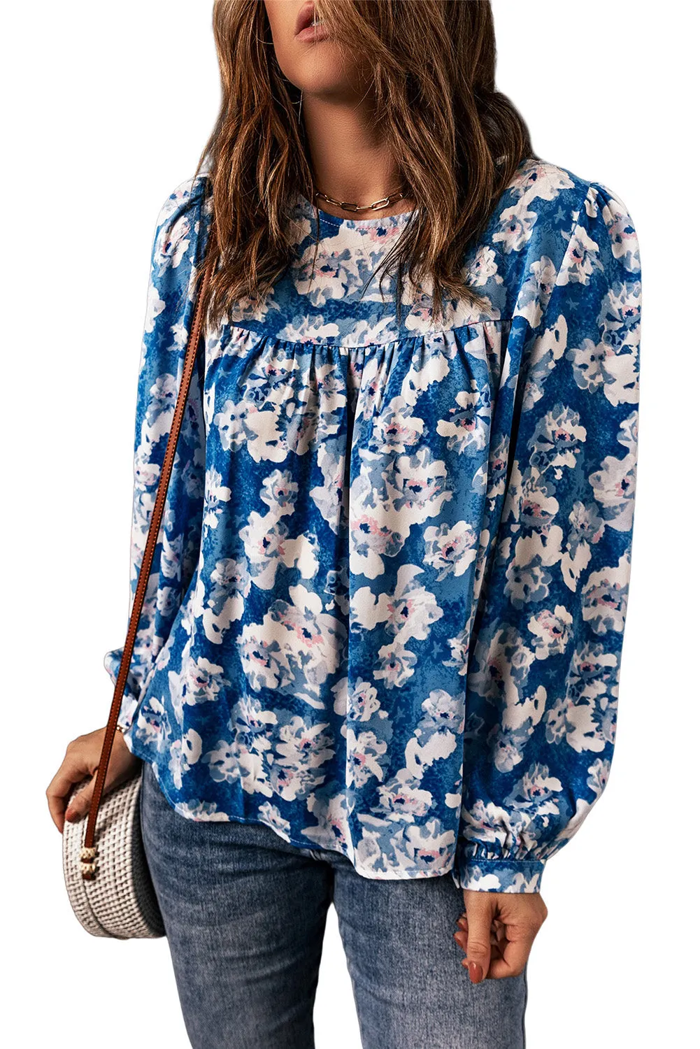 Blue Floral Print Puffy Sleeve Babydoll Blouse