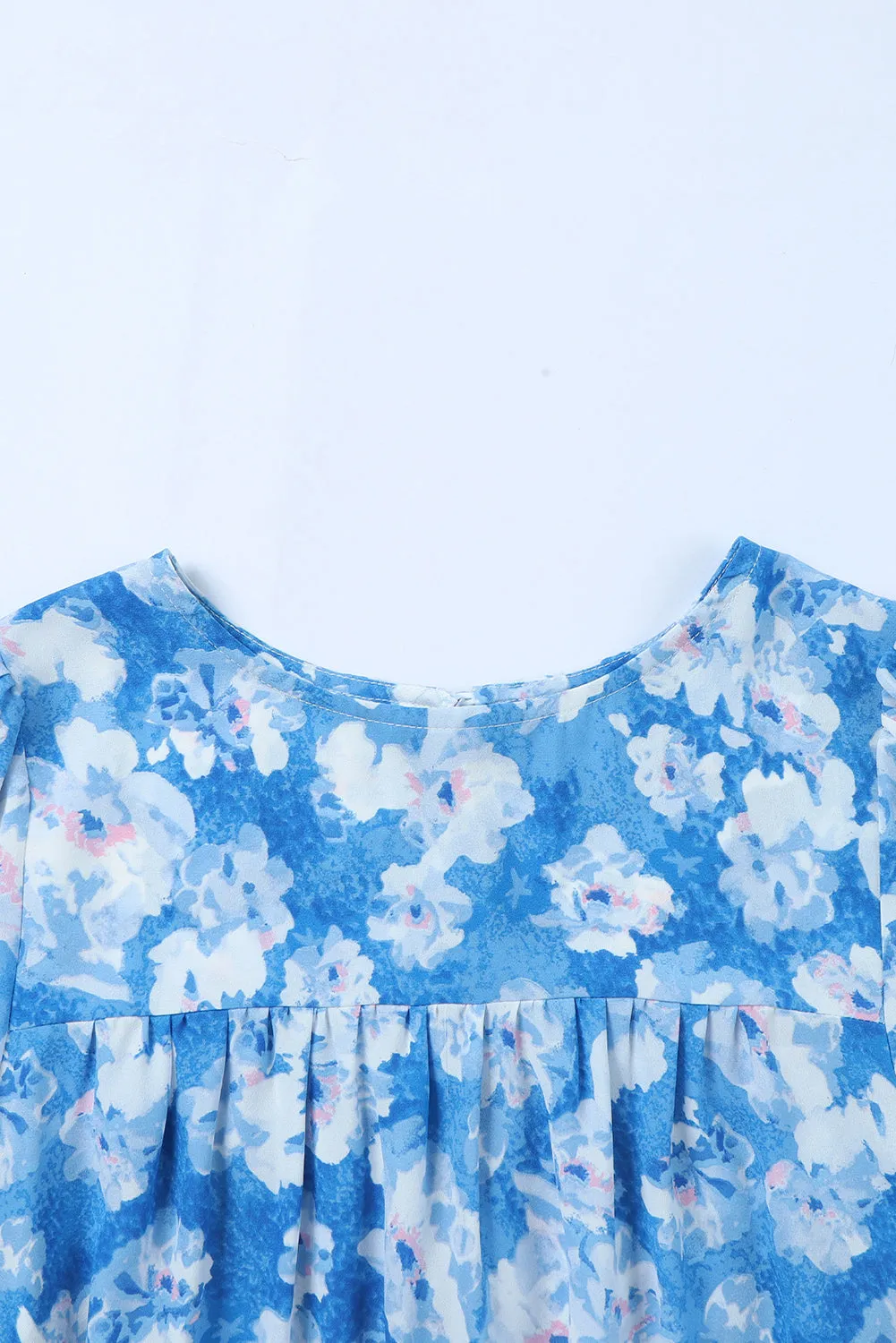 Blue Floral Print Puffy Sleeve Babydoll Blouse