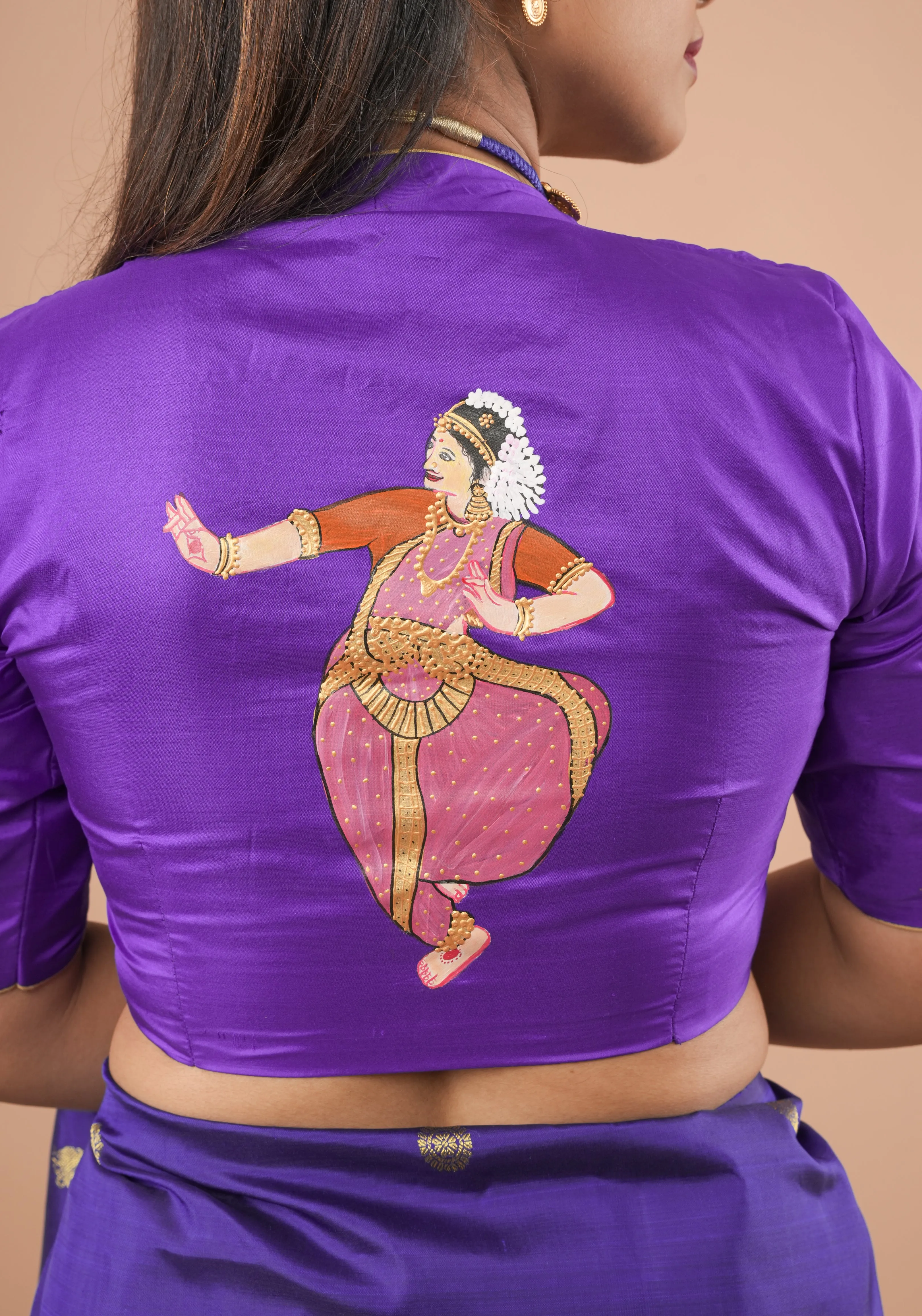 Blue Purple Pure Silk Blouse With Bharatanatyam Dancer Handpainting