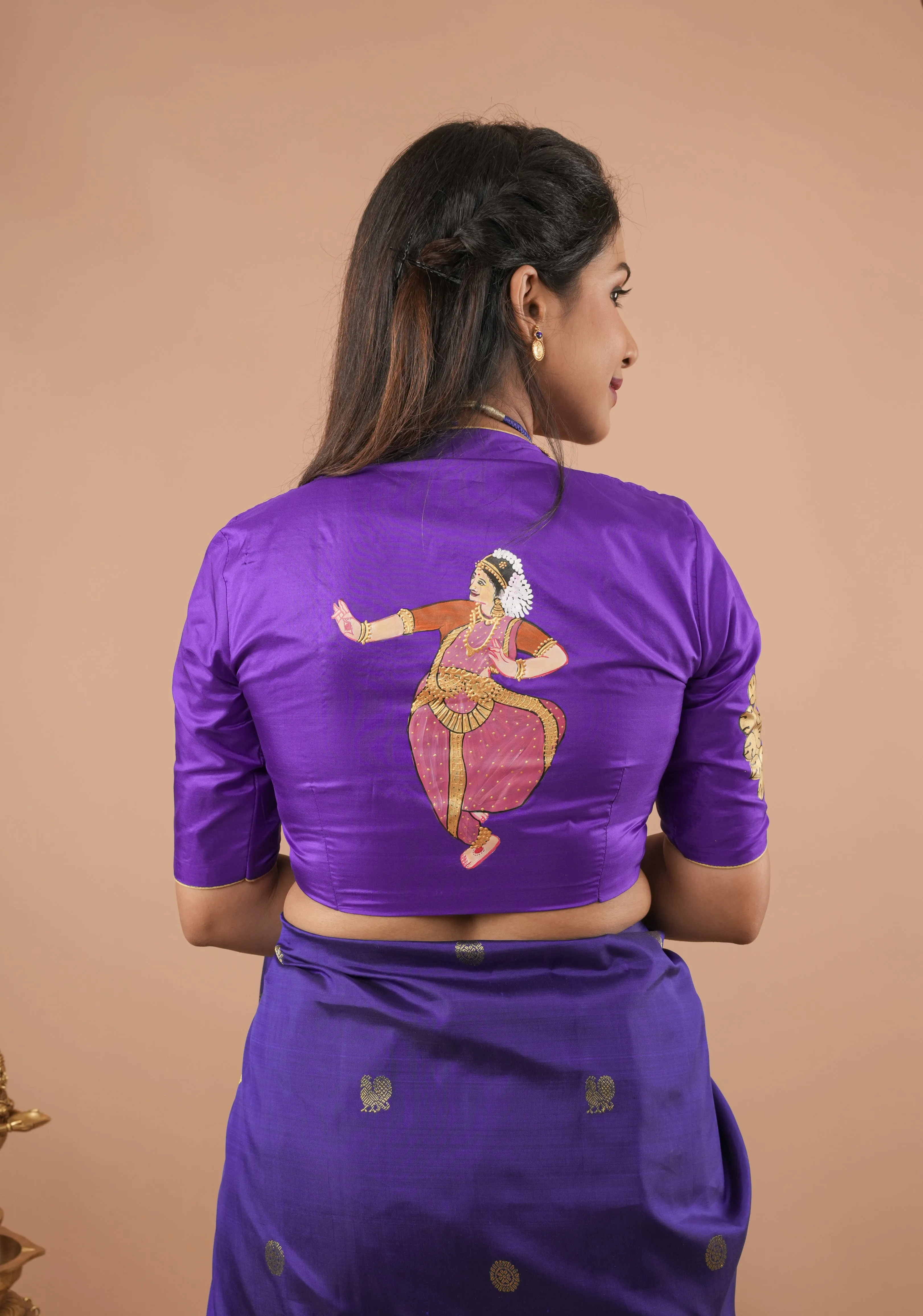 Blue Purple Pure Silk Blouse With Bharatanatyam Dancer Handpainting