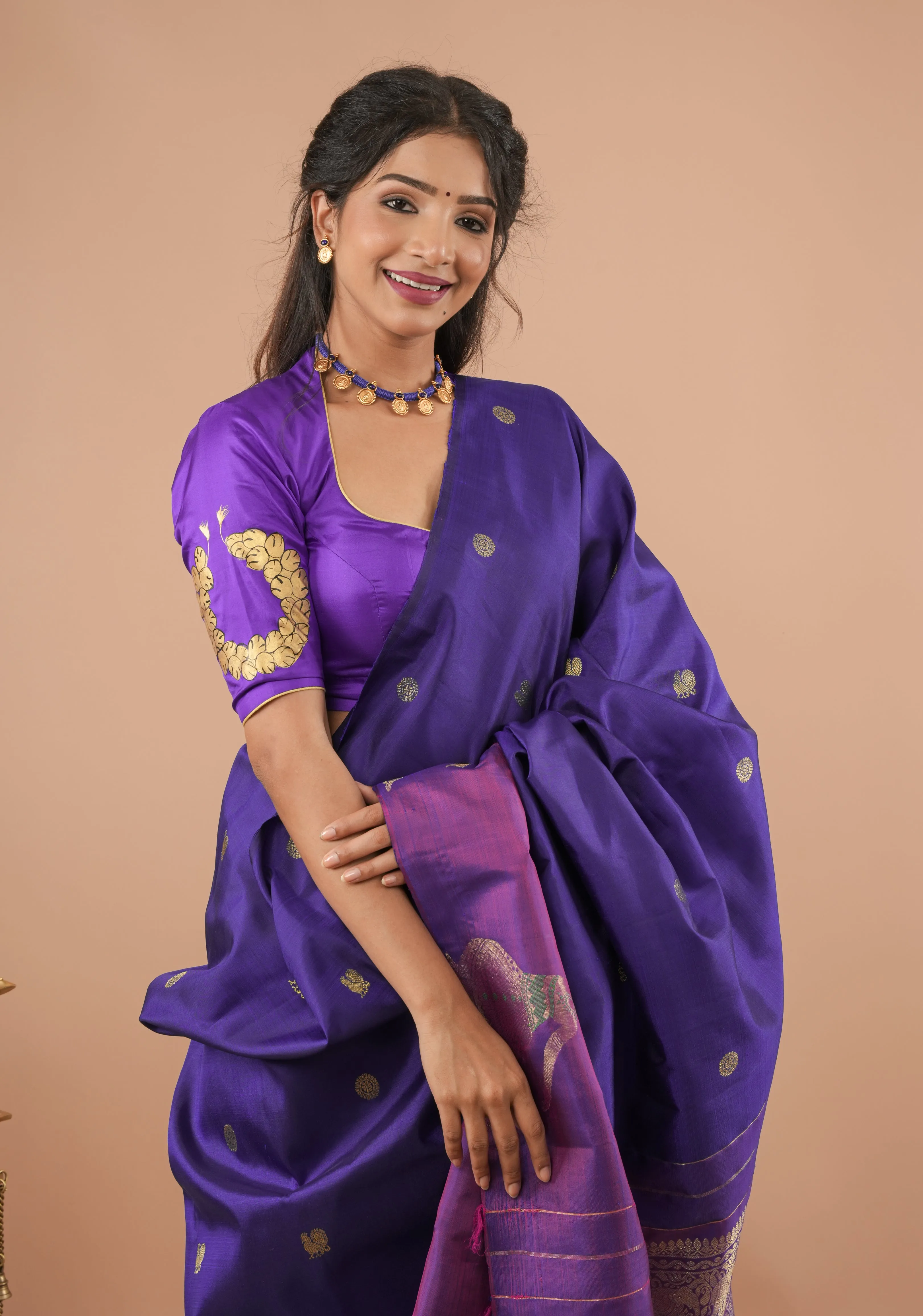 Blue Purple Pure Silk Blouse With Bharatanatyam Dancer Handpainting