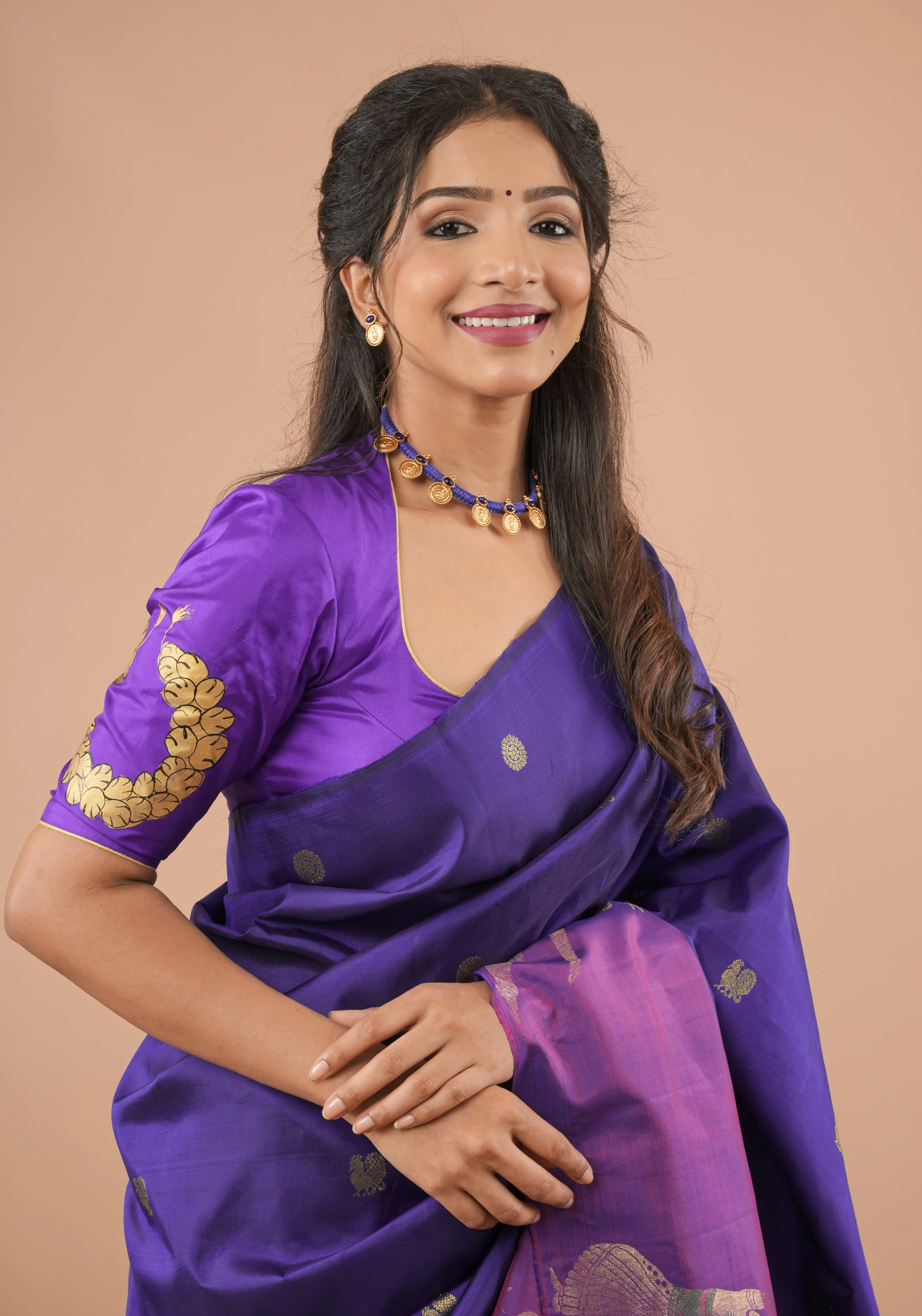 Blue Purple Pure Silk Blouse With Bharatanatyam Dancer Handpainting