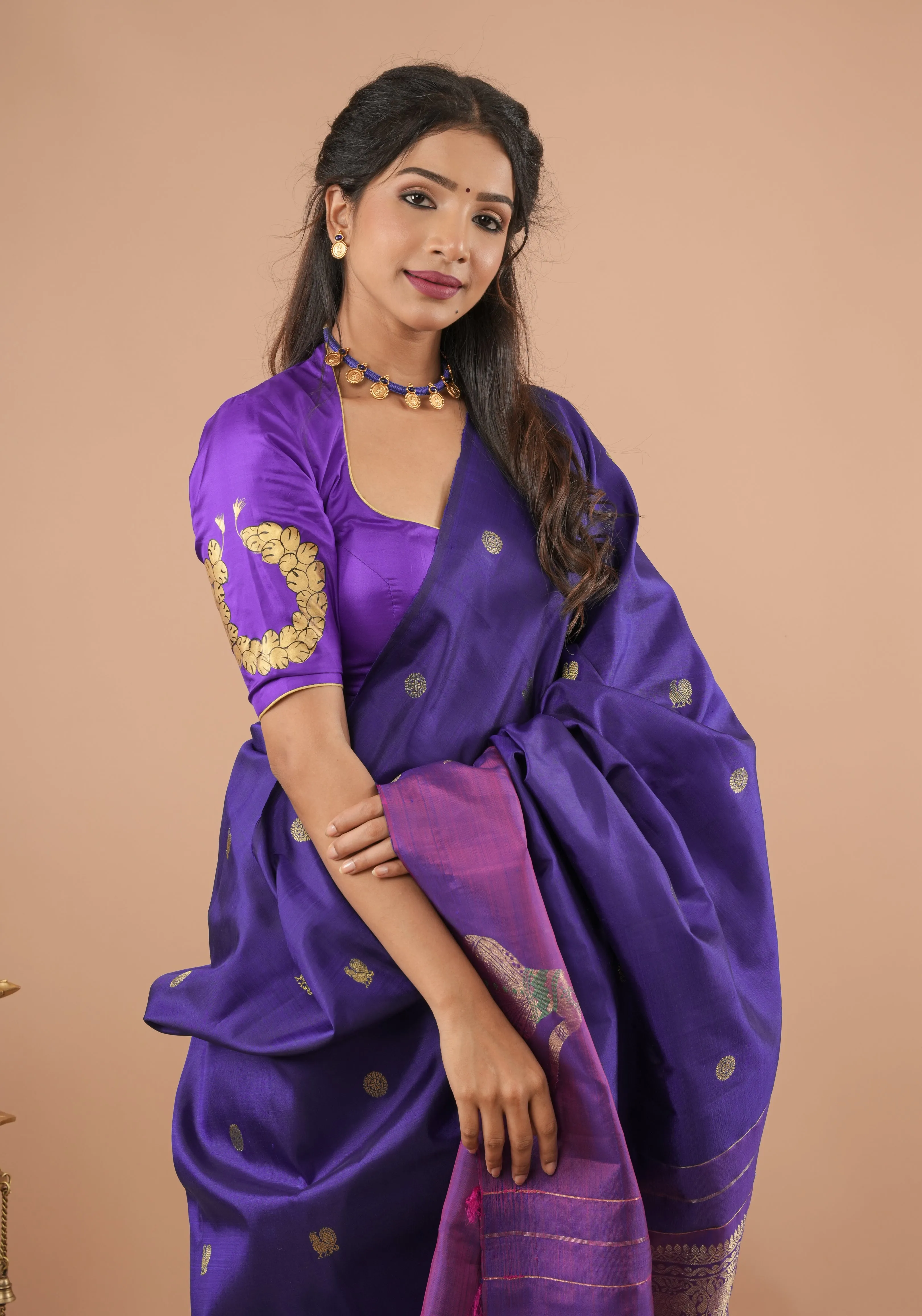 Blue Purple Pure Silk Blouse With Bharatanatyam Dancer Handpainting