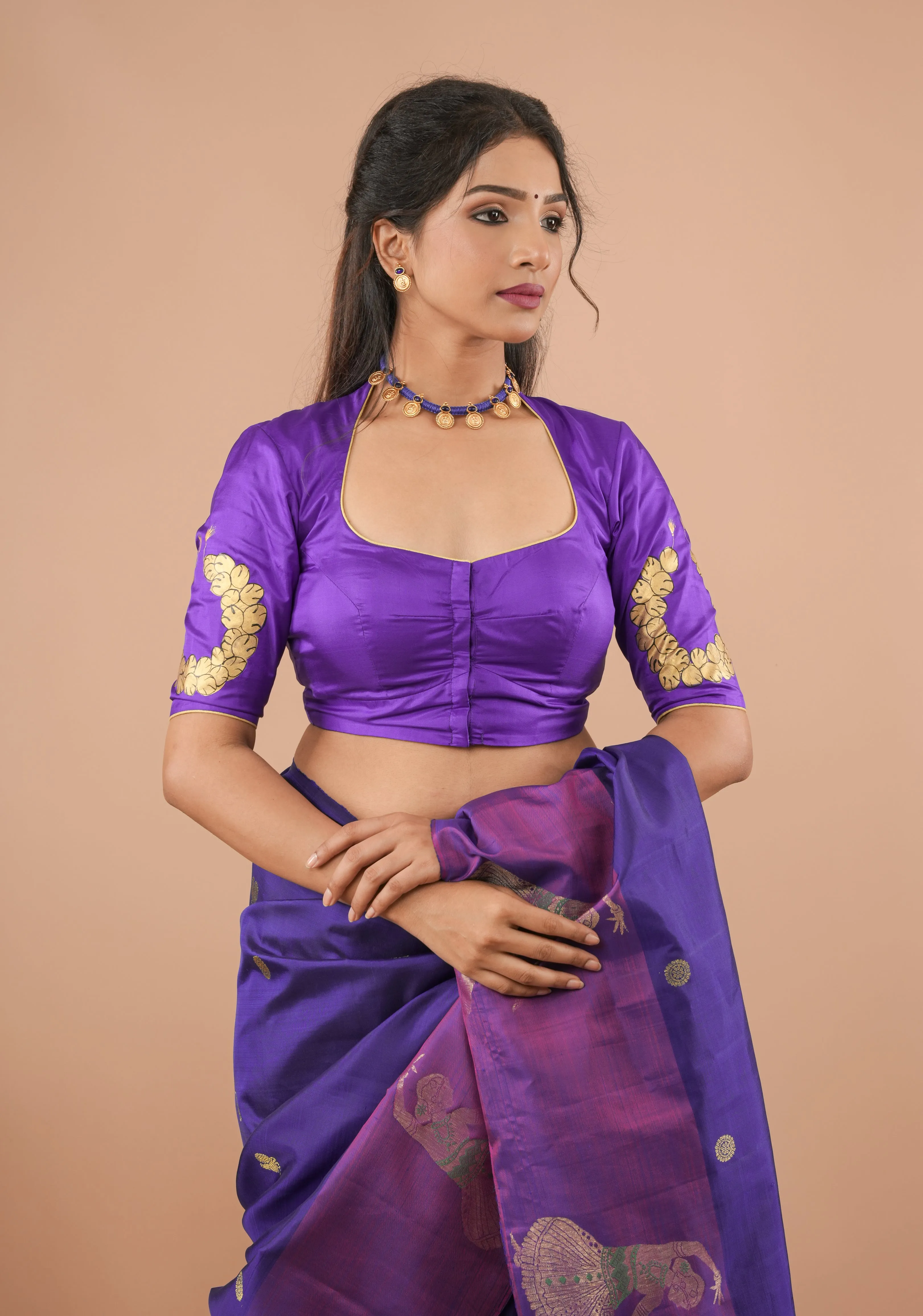 Blue Purple Pure Silk Blouse With Bharatanatyam Dancer Handpainting