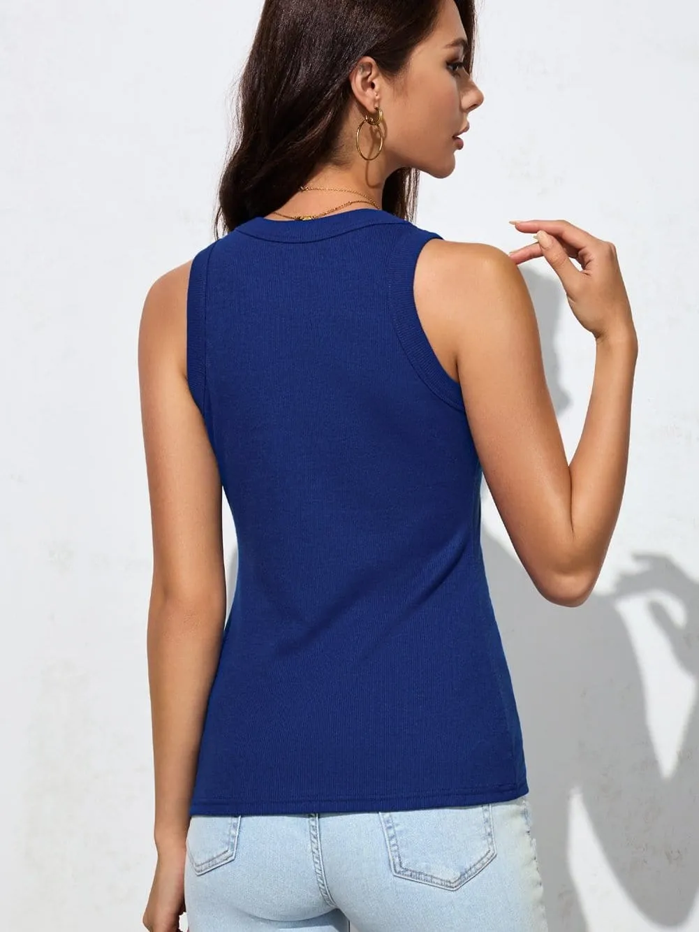 Blue Ribbed Tank Top with Round Neck