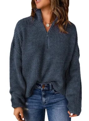 Blue Sweaters for Women Waffle Kint Long Sleeve Zip Pullover Polo V Neck Sweater for Women - EVALESS