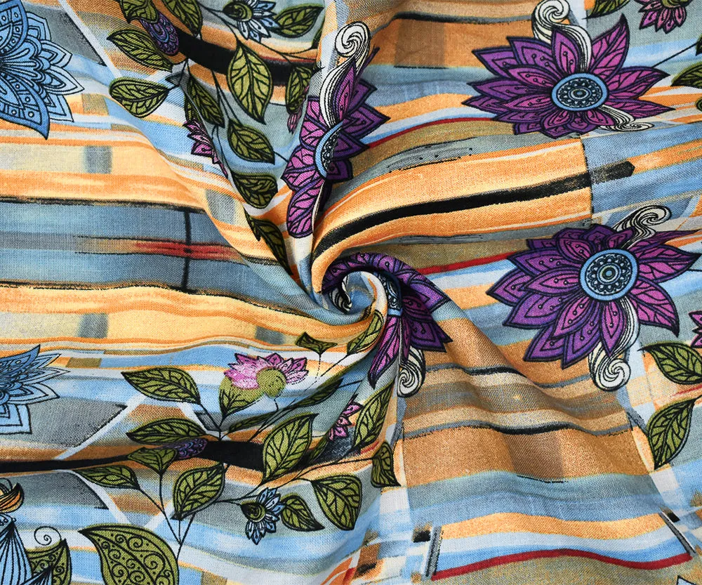 Blue-Yellow-Multi Floral Stripe Printed Linen Woven Fabric