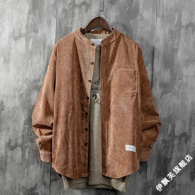 Bonsir spring Corduroy Long Sleeve Shirt Men's fashion loose casual trend autumn stand collar men's shirt coat