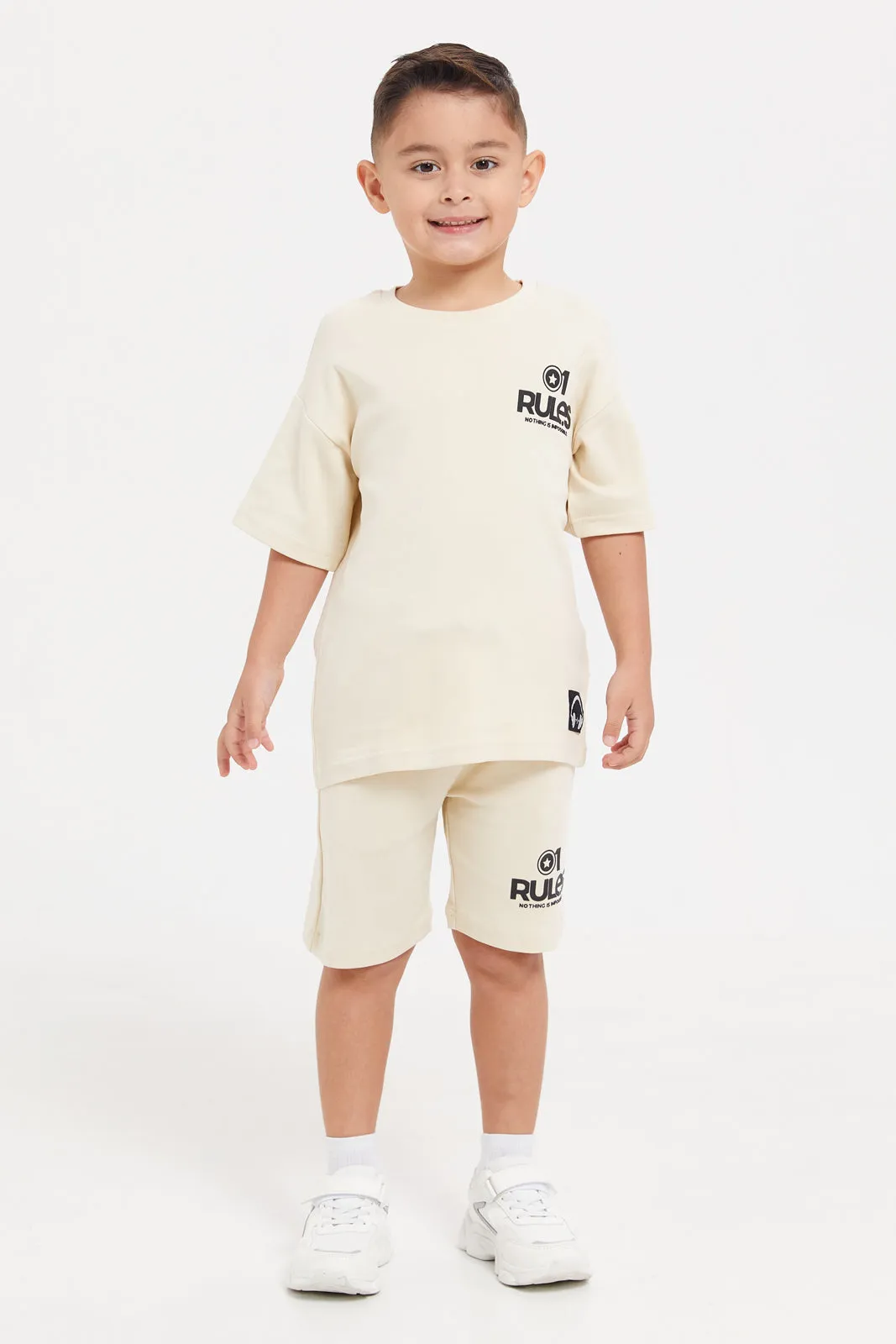 Boys Beige Printed T-Shirt And Shorts Casual Set (2 Piece)