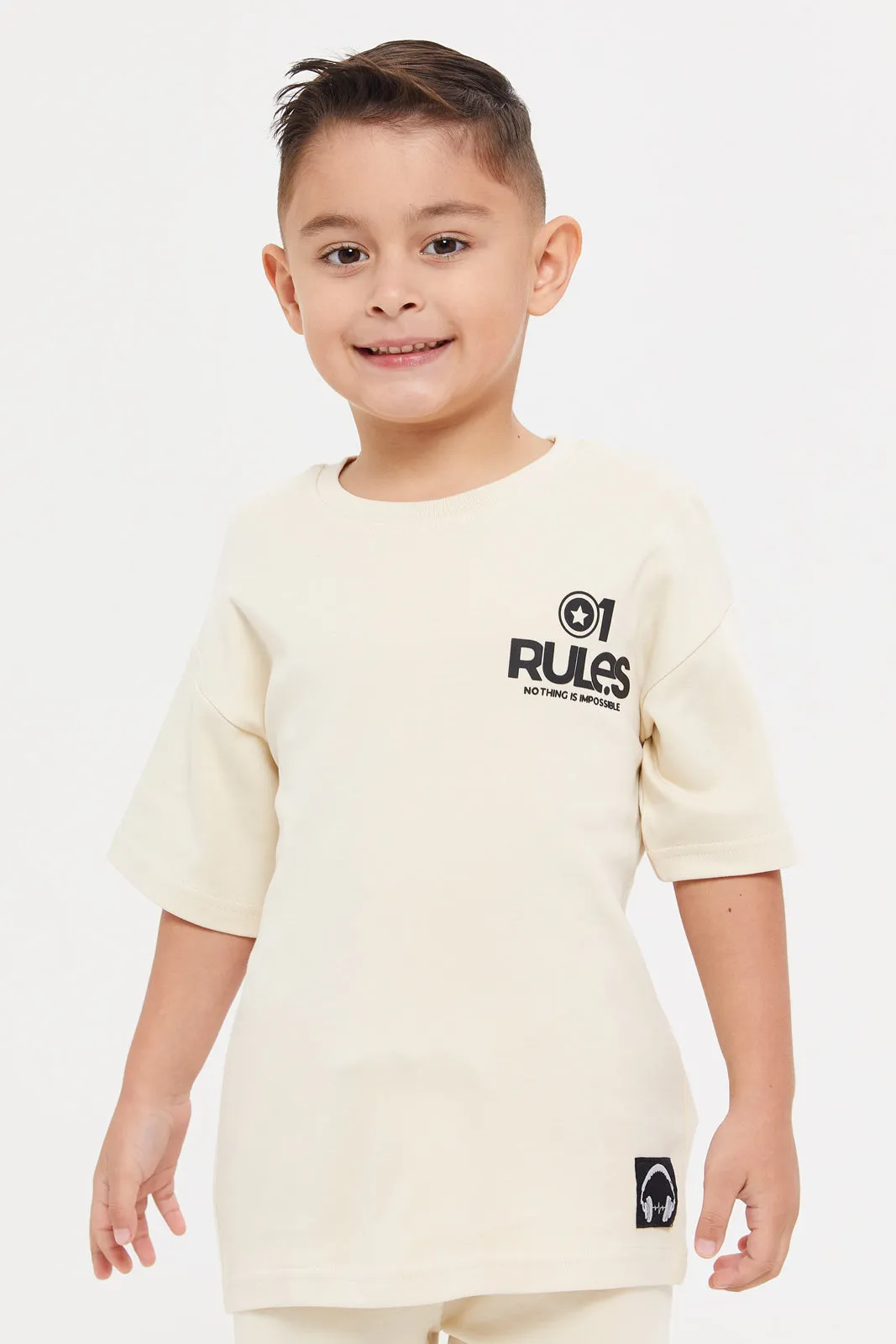 Boys Beige Printed T-Shirt And Shorts Casual Set (2 Piece)