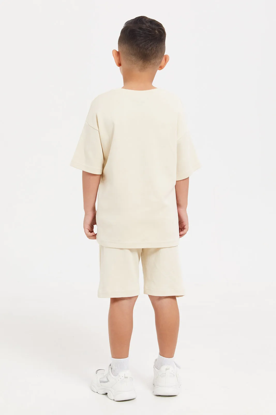 Boys Beige Printed T-Shirt And Shorts Casual Set (2 Piece)