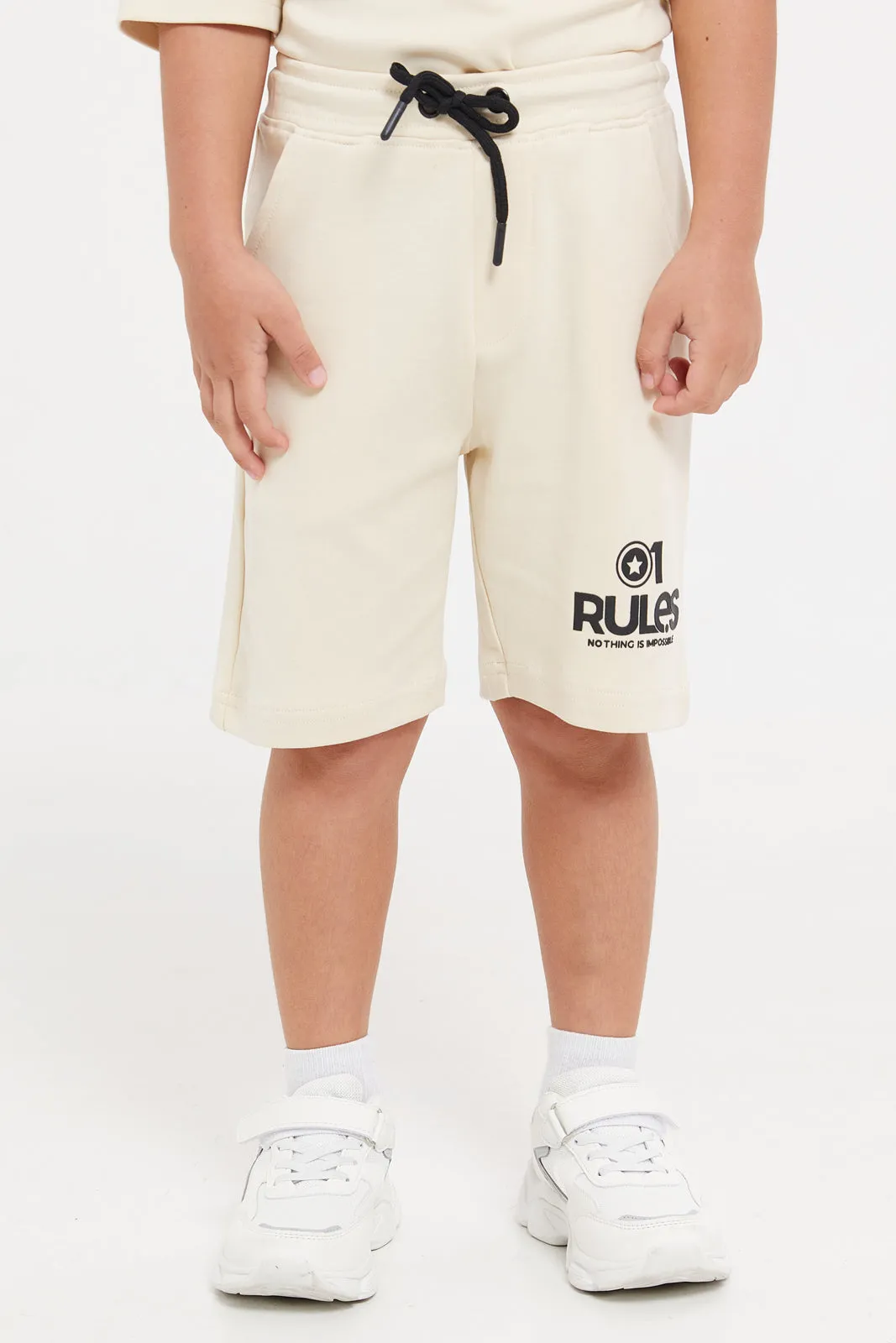 Boys Beige Printed T-Shirt And Shorts Casual Set (2 Piece)