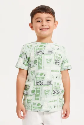 Boys Mint And White Anime Over Printed T-Shirt Set (Pack Of 2)