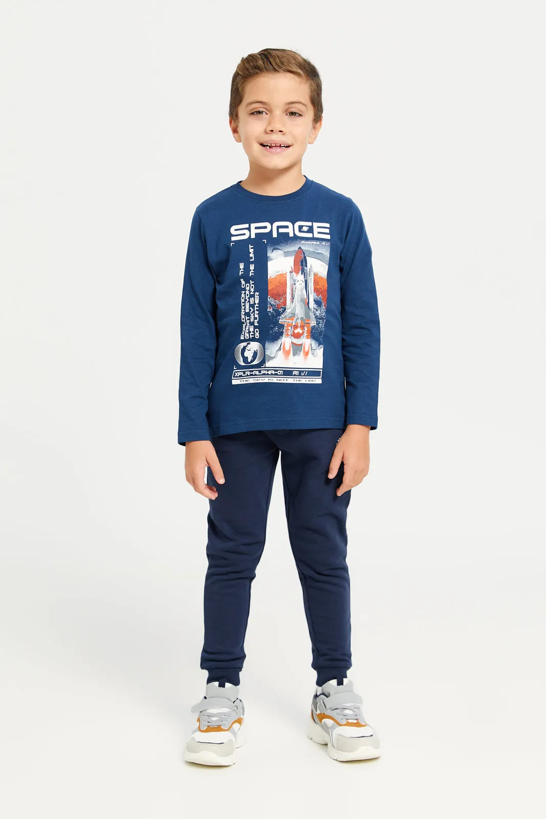 Boys Navy Space Printed Long Sleeve T-Shirt