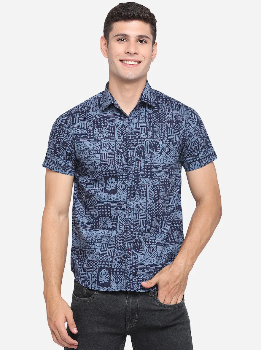 Brilliant Blue Printed Slim Fit Semi Casual Shirt | Greenfibre