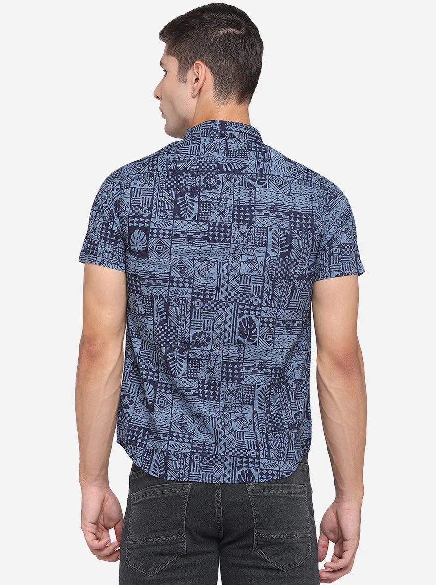 Brilliant Blue Printed Slim Fit Semi Casual Shirt | Greenfibre