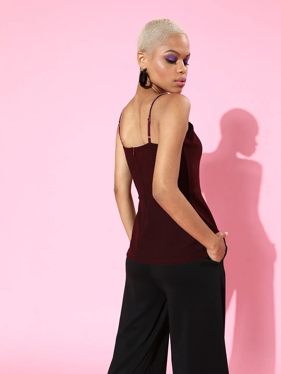 Burgundy Sweetheart Neck Strappy Peplum Top