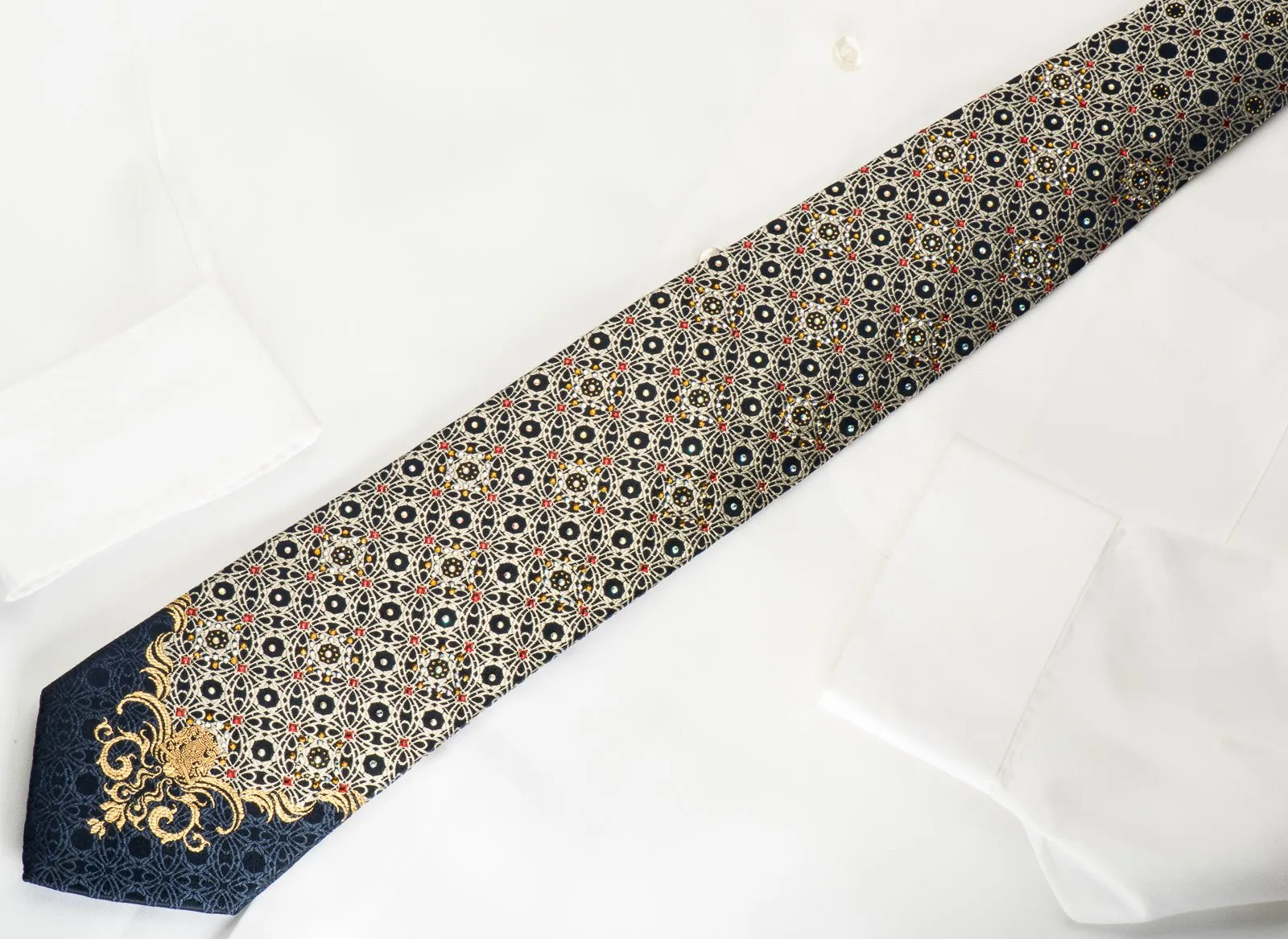 Cabrini Silk Tie Silver Arabesque On Navy With Rhinestones & Gold Sparkles