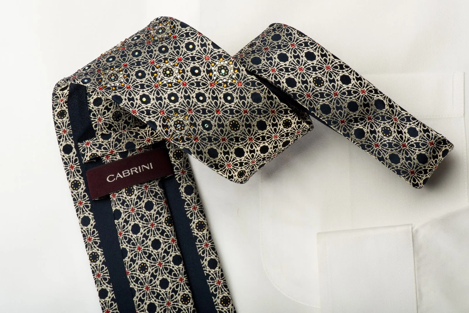 Cabrini Silk Tie Silver Arabesque On Navy With Rhinestones & Gold Sparkles