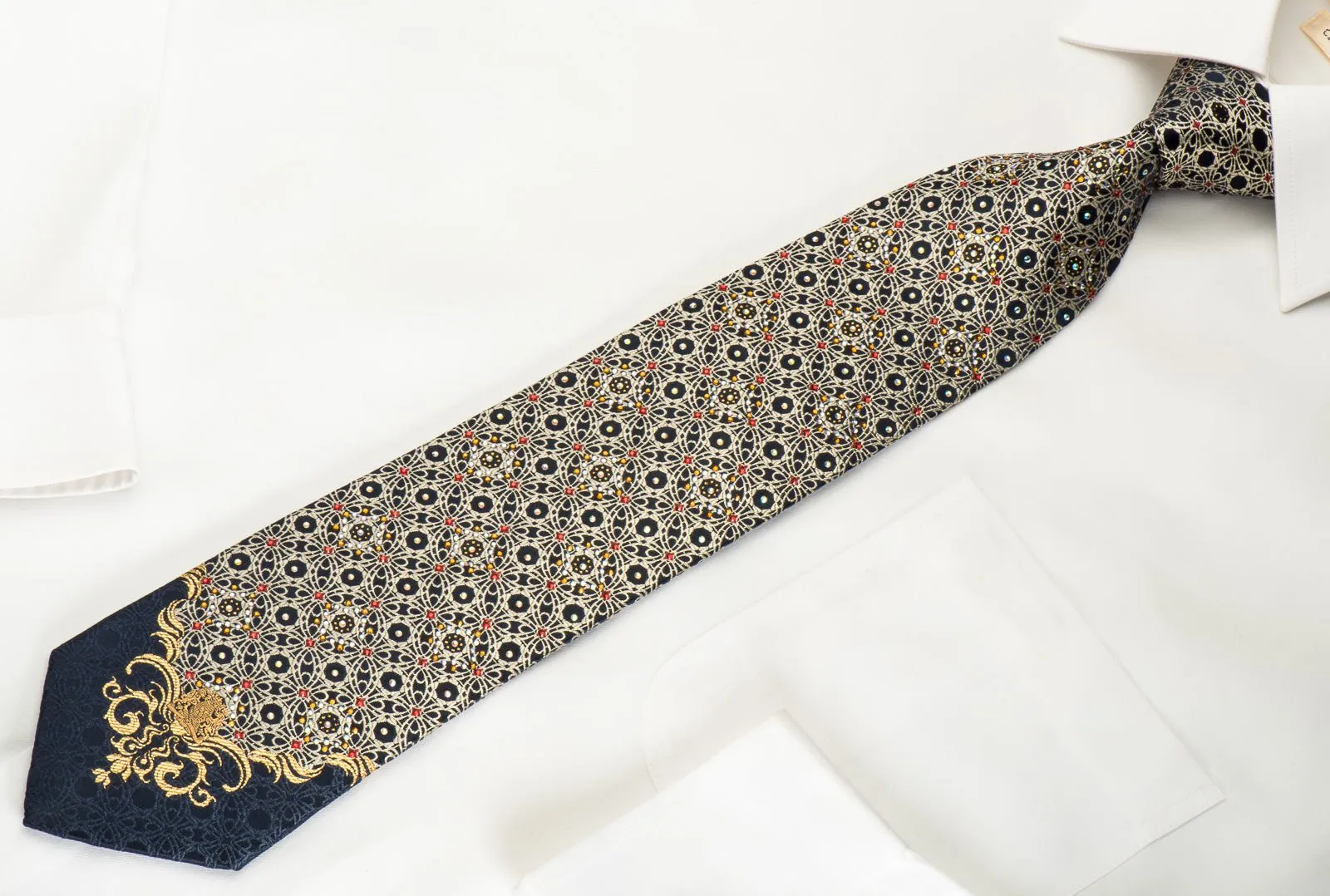 Cabrini Silk Tie Silver Arabesque On Navy With Rhinestones & Gold Sparkles