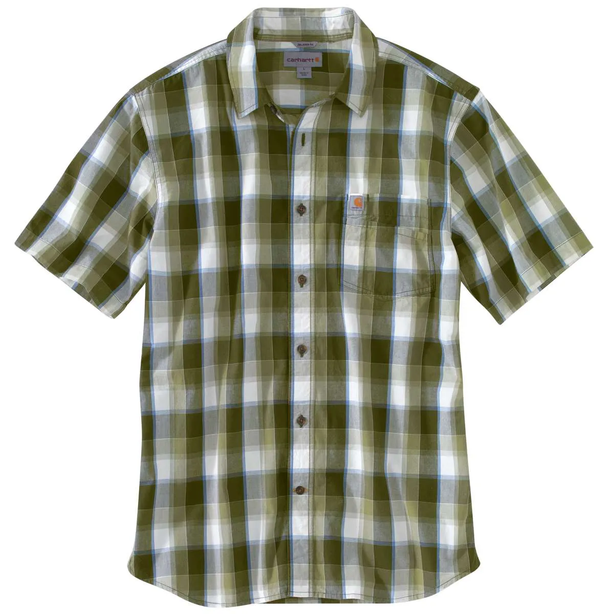 Carhartt Men's Olive Essential Plaid Open Collar Short Sleeve Shirt